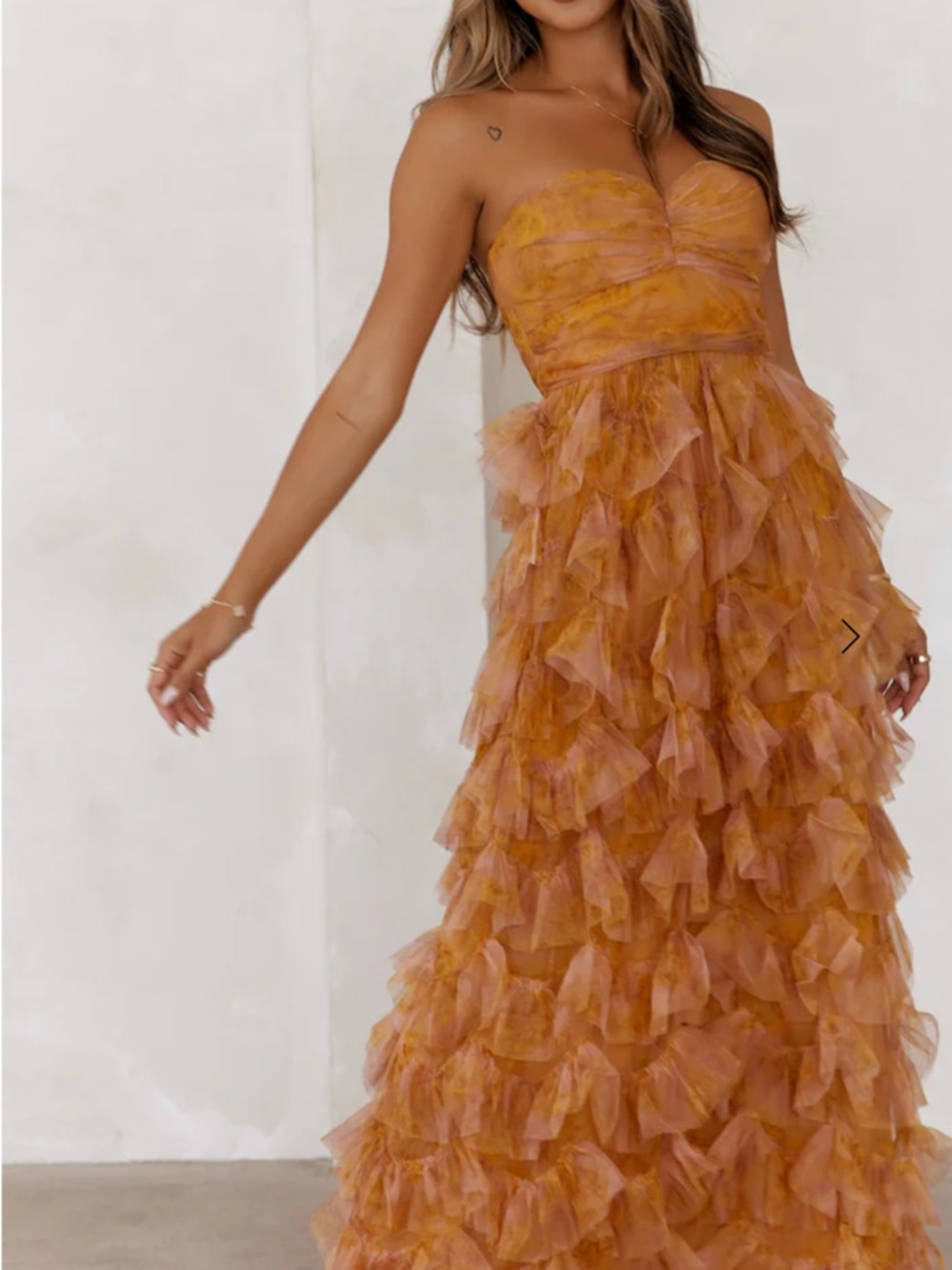 Hello Molly Strapless Ruffle Gown in Mustard Orange - Picture 2 of 6